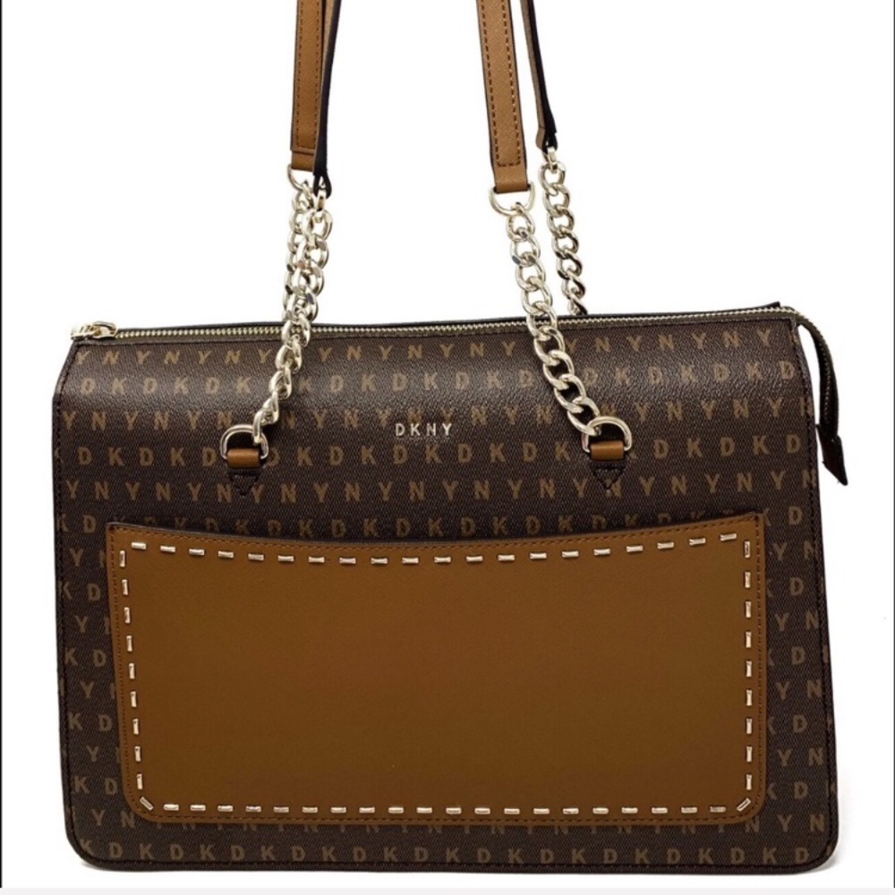 DKNY Bryant Signature Leather Zip Tote Brown/Gold NWT